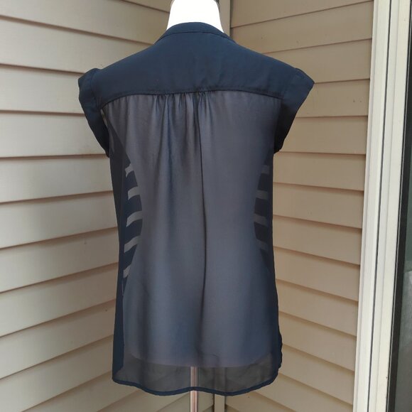 Liz Claiborne Striped Button-Up Blouse Black White Sheer High Neck Short Sleeves - Picture 8 of 11